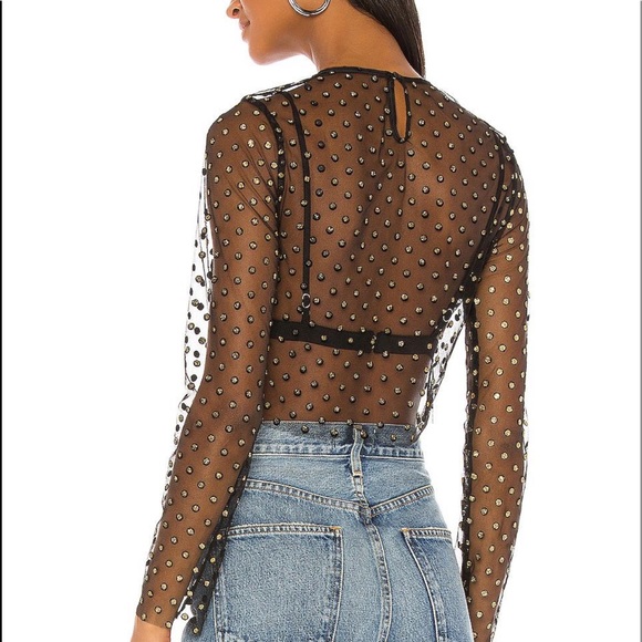 ✨H:ours Mesmerize Top Sheer Mesh Polka dot Black Gold Long Sleeve Blouse Revolve - Picture 3 of 6
